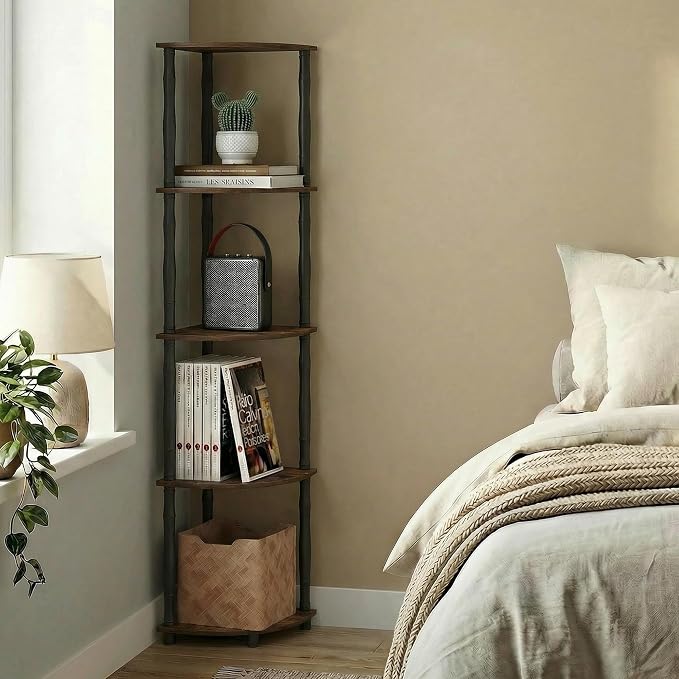 Furinno Turn-N-Tube Storage Shelves, 5-Tier Corner Book Shelf, Standing Corner Shelf, Toolless Open Shelves, Classic Tubes, for Organization and Storage, Living Room, Home Office, Amber Pine