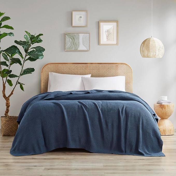 INK+IVY Bree Knit All Season Blanket for Summer, Full/Queen, Indigo | Ultra Soft, Acrylic, Breathable Fabric for Bed or Couch, Lightweight, OEKO-TEX Certified