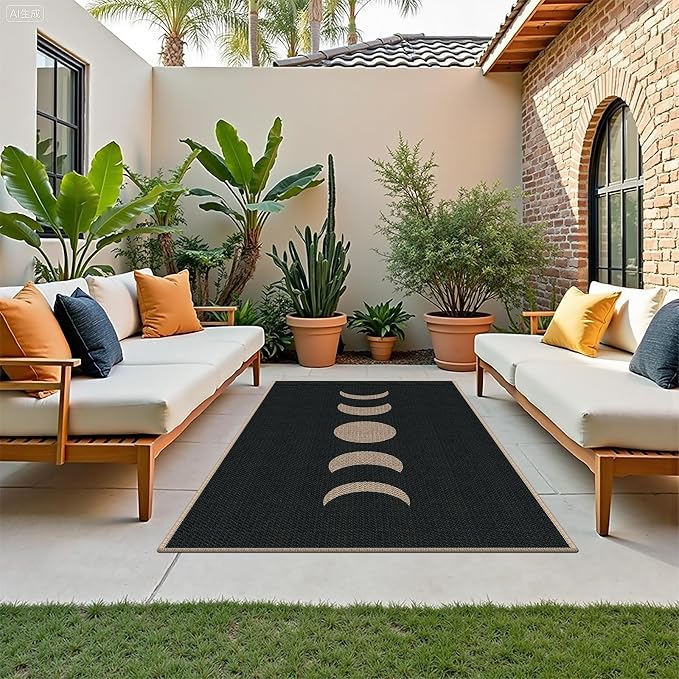 Easy Jute 3x5 Black Moon Area Rug,Washable Entryway Rug,Modern Door Carpet,Neutral Non-Slip Outdoor Indoor Farmhouse Rug for Living Room Kitchen Patio Bedroom