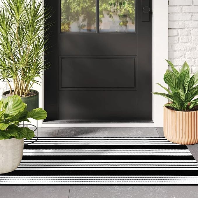 LEEVAN 2'X4.3' Black and White Striped Woven Cotton Reversible Outdoor Rug | Small Machine Washable Front Porch Rug, Entryway Door Mat, Indoor Layering Carpet for Farmhouse Bathroom Laundry