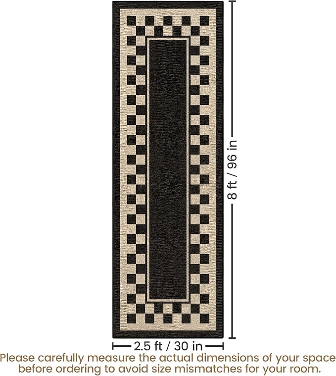 Washable Checkered Easy Jute Runner Rug 2x8, Black Checkerboard Geometric Outdoor Indoor Patio Bordered Rug, Woven Non Slip Thin Neutral Long Runner Carpet for Hallway Kitchen Entryway Porch