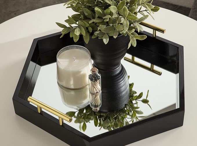 Kate and Laurel Lipton Modern Hexagon Mirrored Tray; 18 x 18; Black and Gold; Midcentury Decorative Serving Tray for Storage and Display