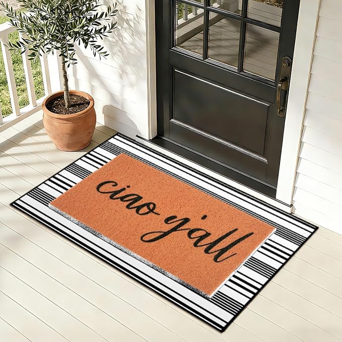 Ciao Y'all Doormat, 2pcs Layered Front Door Mats with Coir Texture Welcome Doormat and Black White Striped Under Non Slip Mat, Farmhouse Porch Decor for Home Entry, Entryway Home Outdoor Decor