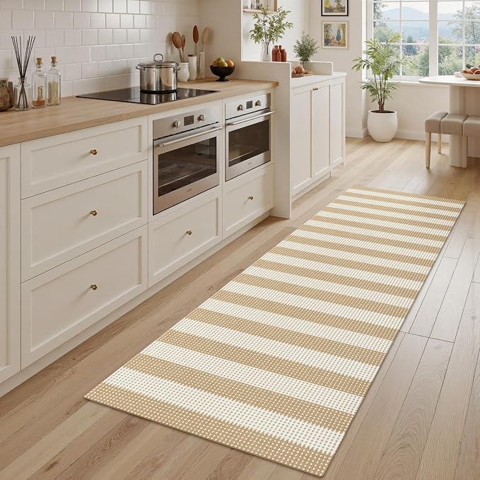 Rugalia Washable Woven Indoor Outdoor Runner Rug 2x6, Natural Beige Striped Cotton Rug Runners for Hallway Non-Slip Long Kitchen Mat, Modern Neutral Throw Runner Carpet for Entry Porch Patio