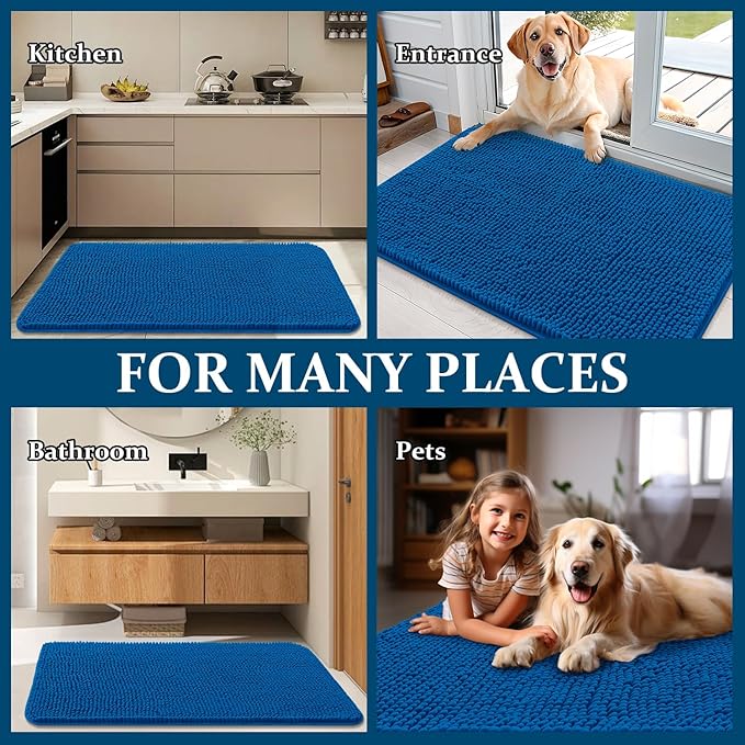 OLANLY Dog Door Mat for Muddy Paws 35x24, Absorbs Moisture and Dirt, Absorbent Non-Slip Washable Doormat, Quick Dry Chenille Mud Mat, Entry Indoor Entryway Carpet for Inside Floor, Deep Navy Blue