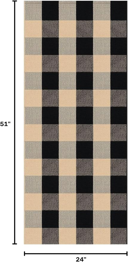 KOZYFLY Buffalo Plaid Area Rugs 2x4.3 Ft Brown and Black Checkered Rug Washable Front Door Mat Hand Woven Cotton Outdoor Rugs Small Rug for Front Porch Kitchen Entryway Patio Bathroom