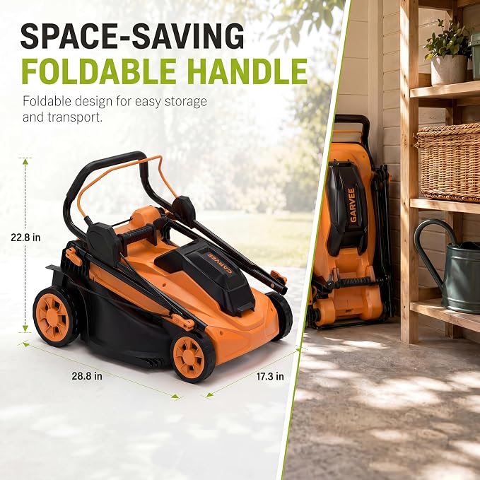 Garvee Cordless Lawn Mower, 17-Inch Battery Powered Electric Push Mower, 2-in-1 Mulching & Bagging, 6 Cutting Heights, 40L Grass Bag, Lightweight Walk-Behind Mower for Small to Medium Yards, Orange