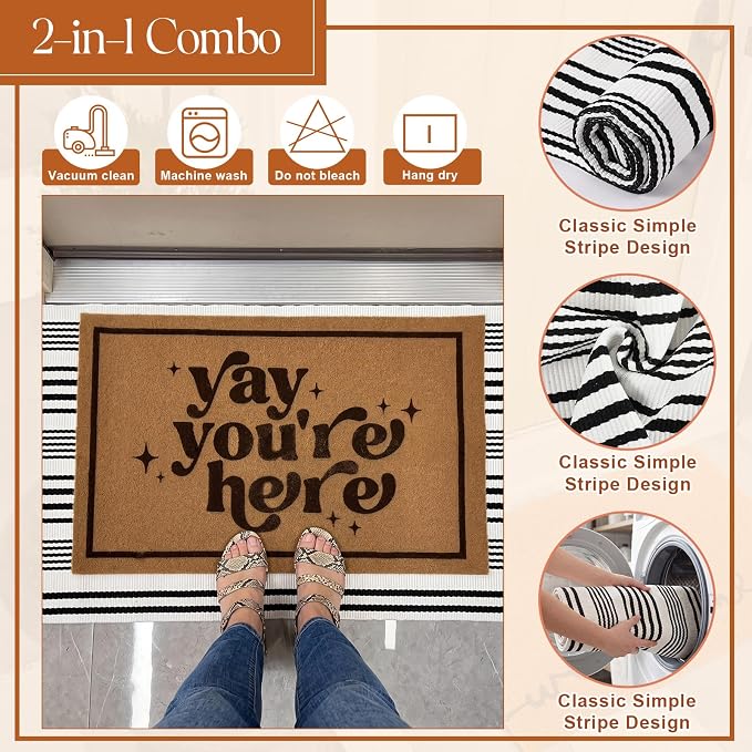 2 Pcs Outdoor Door Mat Combo Set Layered Outdoor Rug and Coir Welcome Doormat Non Slip Outside Floor Mat for Front Porch Entryway Patio Yard Decor(Yay You're Here,24'' X 51',18'' X 28'')