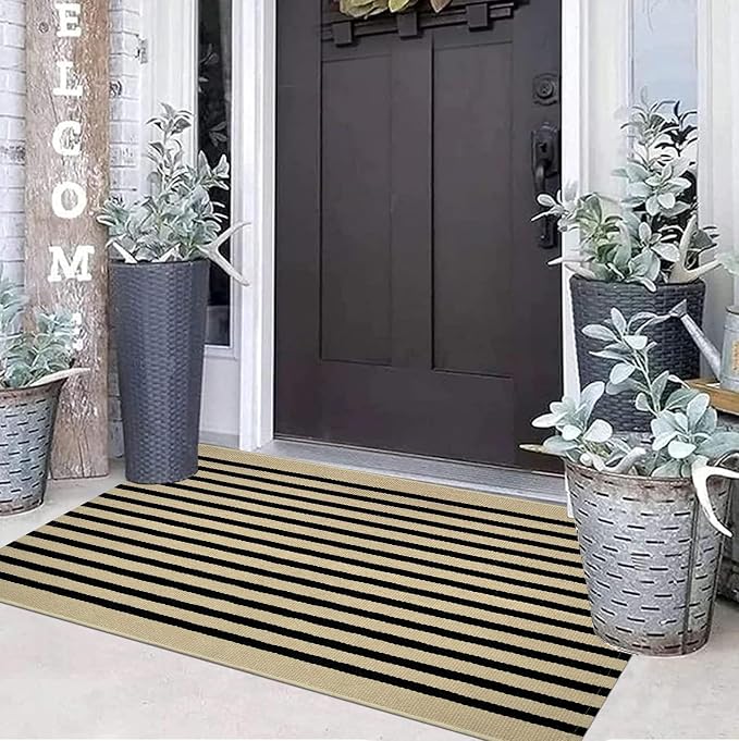 Black and Khaki Outdoor Rug 2'x4',Striped Front Porch Rug Washable Front Door Mat Entryway Throw Rug for Front Porch Indoor Outdoor Doormat