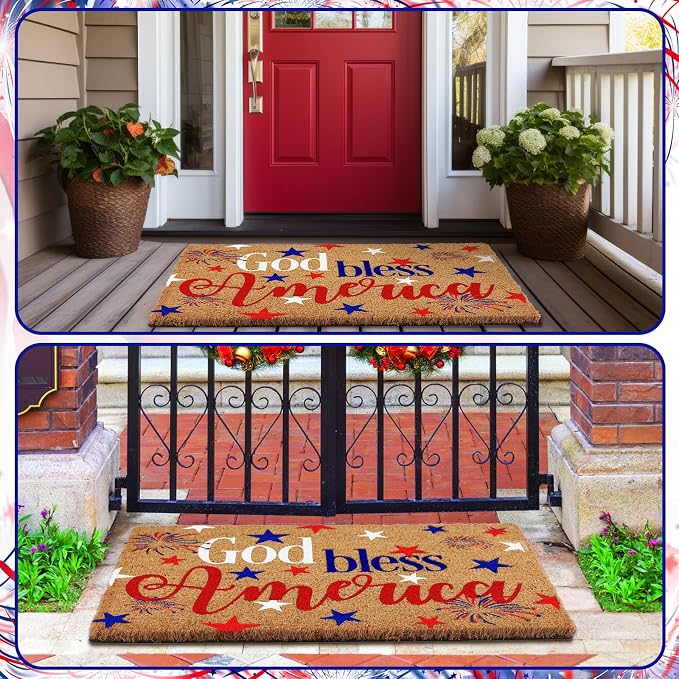 Ceenna 4th of July Patriotic Coir Door Mat Outdoor Red White Blue God Bless American Welcome Rug Patriotic Doormat Non-Slip Entrance Rugs for Independence Day Memorial Day Home Decor 16 x 28 Inch