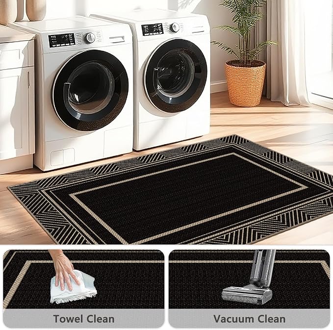 Capslpad Faux Jute 3x5 Area Rug, Geometry Line Patio Rug, Washable Front Porch Rug, Farmhouse Non-Slip Entryway Rugs for Indoor Outdoor, Black Base