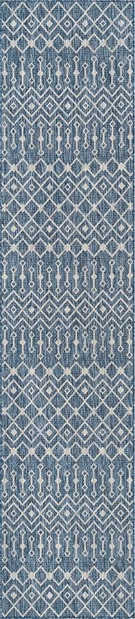 Unique Loom Outdoor Trellis Collection Area Rug - Tribal Trellis (2' 7" x 12' Runner, Blue/ Ivory)