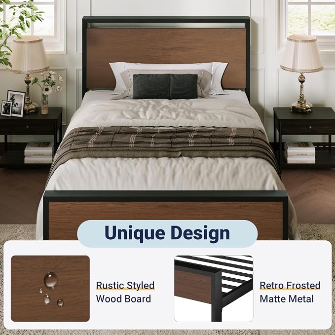Allewie Twin Size Bed Frame, Heavy Duty 12 Metal Slats Support, Walnut | Wooden Headboard and Footboard, Modern Platform Bed, No Box Spring Needed, Under-Bed Storage, Noise Free, Easy Assembly