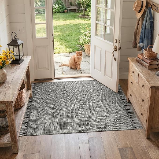 Collive 3' x 5' Indoor Outdoor Rug, Modern Farmhouse Entryway Rug Boho Porch Rugs, Grey Hand-Woven Washable Kitchen Mats Braided Front Door Mat for Patio Bedside Nursery Decor