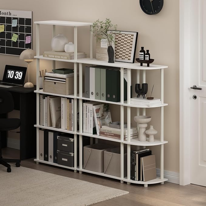 Furinno Turn-N-Tube Toolless Assembly 4-Tier Corner Shelf, White Corner Book Shelf, Open Shelves Bookshelf, for Organization and Storage, Living Room, Home Office, Bedroom, Plain White