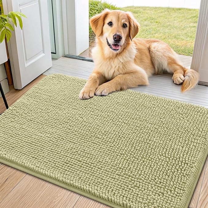 Smiry Dog Door Mat for Muddy Paws 40x24, Absorbent Dirt Trapper, Non-Slip Washable Chenille Entryway Rug for Inside Floor, Vanilla, Classic Solid