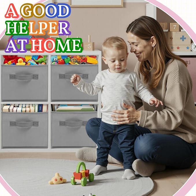 Yinder 4 Pcs Cube Storage Bin Gray 14''x10''x8'' Storage Bins for Playroom Decor Colorful Bins for Kids Foldable Baskets for Nursery Organizer Boxes Fabric Boxes
