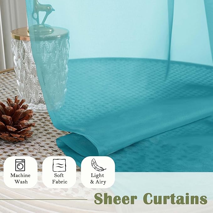 Lecloud Turquoise Sheer Curtains 120 Inches Long 2 Pcs, Light Filtering Rod Pockets Airy Window Curtains for Living Room Decor, Rustic Soft Bedroom Curtain Drapes, Each Panel 59" W x 120" L