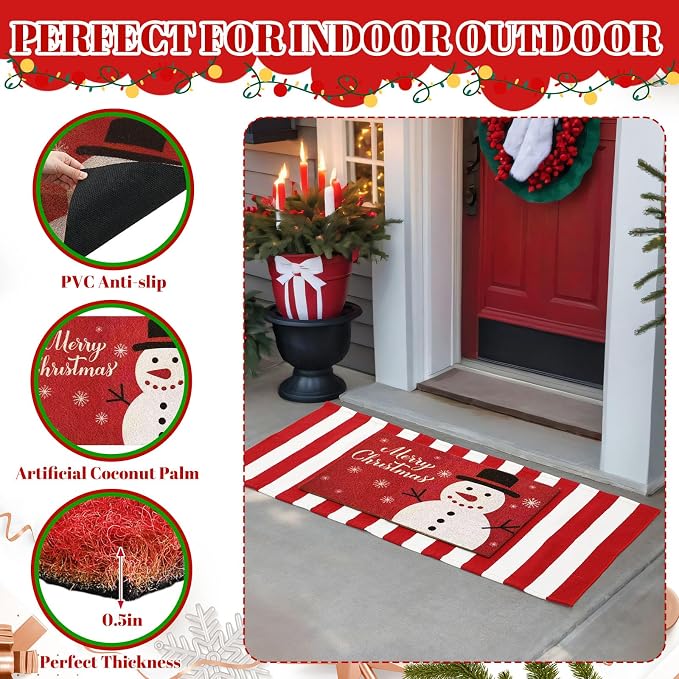 2 Pcs Outdoor Door Mat Combo Set Layered Outdoor Rug and Coir Welcome Doormat Non Slip Outside Floor Mat for Front Porch Entryway Patio Yard Decor(Snowman,24'' X 51',18'' X 28'')