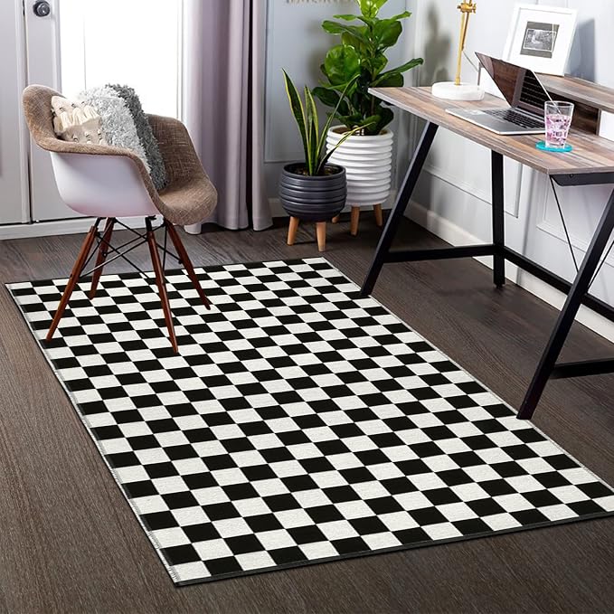 Seavish Black and White Outdoor Checkered Rug, 3x5 Layered Front Door Mat | Cotton Woven Washable Moroccan Checkerboard Rugs, Reversible Floor Mat for Bedroom Entryway Porch Patio Dorm