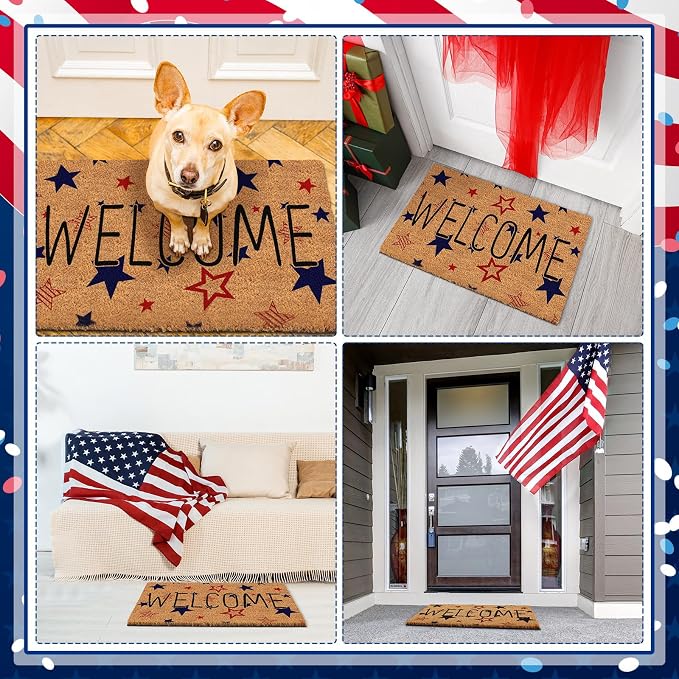 Ceenna 4th of July Patriotic Coir Door Mat Outdoor Red White Blue 250th Anniversary Star Welcome Rug Patriotic Doormat Non-Slip Entrance Rugs for Independence Day Memorial Day Home Decor 16 x 28 Inch
