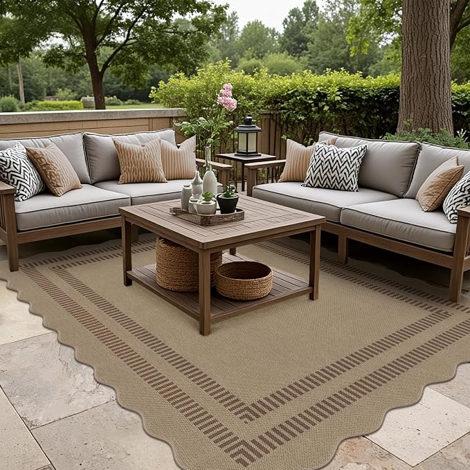 Scalloped 5x7 Rug for Living Room, Easy Jute Washable Outdoor Patio Carpet, Farmhouse Indoor Brown Geometric Rug Neutral Non Slip Carpet for Living Room Backyard