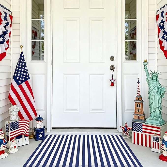 CAINANEL Blue and White Striped Rug 4th of July Door Mat Summer Front Porch Rug Independence Day Welcome Doormats for Farmhouse Entrance Porch Outdoors Decor(Blue and White, 24'' x 35'')