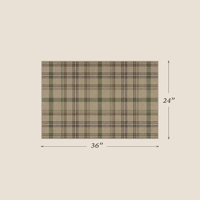 Easy Jute Entryway Rug 2x3, Washable Non Slip Front Door Mat, Indoor Outdoor Farmhouse Plaid Area Rug for Kitchen, Mudroom, Garage Entry, Low Profile Sage Green Beige Tartan