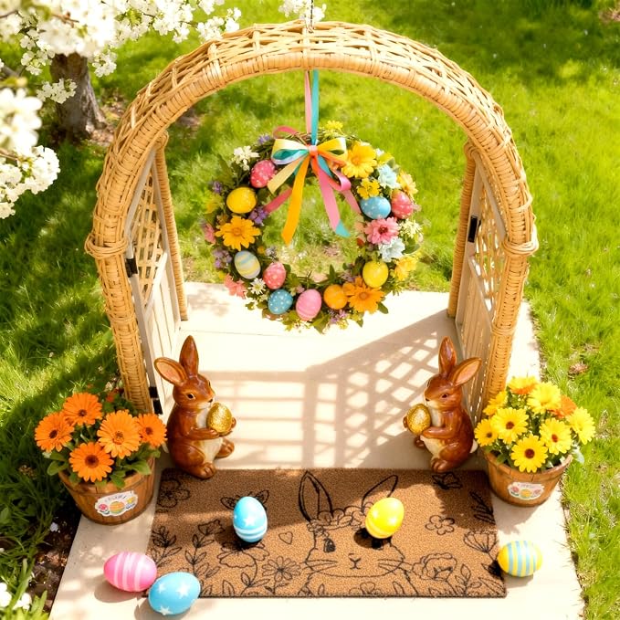 Ceenna Easter Bunny Coir Doormat Outdoor Easter Welcome Door Mat Spring Floral Bunny Floor Door Mat Rabbit Rugs for Front Porch Decor Gifts