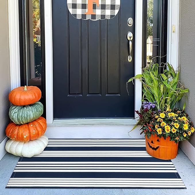 OJIA Outdoor Mats for Front Door 24"x51" Porch Rug Blue & White Outdoor Rug | Machine Washable Front Door Mat Cotton Woven Blue and White Outdoor Rugs Striped Kitchen Runner Doormat for Entry/Entrance