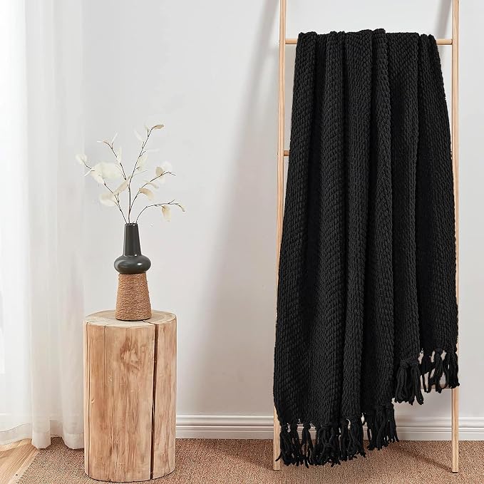 Home Soft Things Black Throw Blanket Knitted Tweed Throw 60'' x 80'', Raven, Super Soft Cozy Warm Comfortable Breathable Throw for Living Room Chair Couch Bed Sofa Bedroom Home Décor