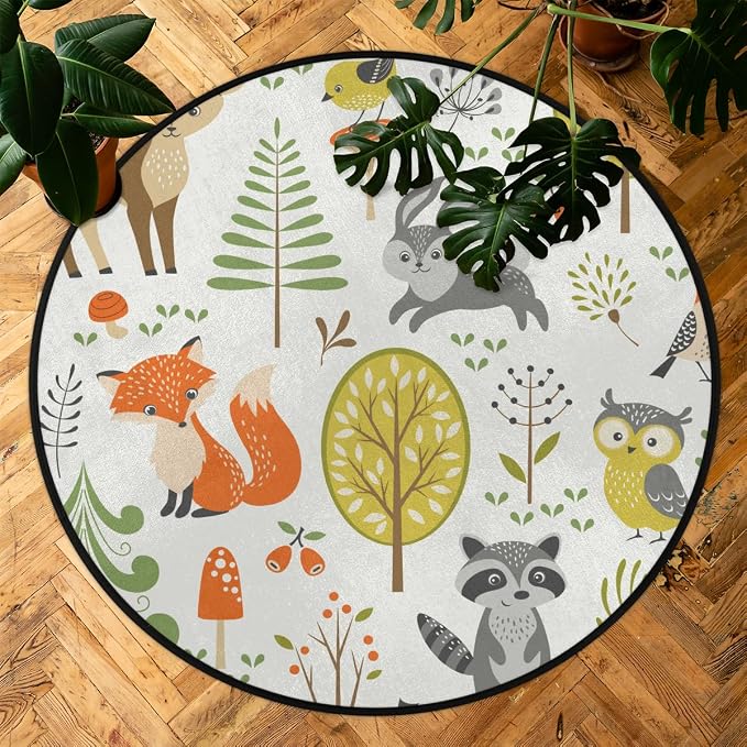 Woodland Animals Round Area Rug, Fox Elk Bear Mushroom Non-Slip Circle Rug for Bedroom Living Room Outdoor Study Playing Floor Mat Carpet, 5.2' Diameter