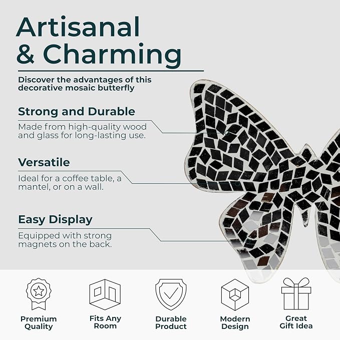 Decorative Sculpture Table Top – Glass Mosaic Butterfly Overmantel Modern Coffee Table Decor - Mango Wood Accent Piece for Coffee Tables, Shelves & Living Rooms – Elegant Home Decor – 5", White
