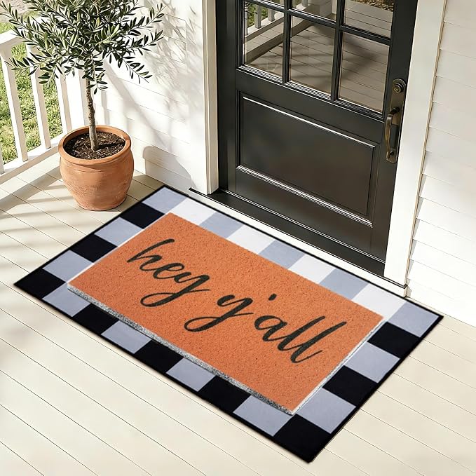 Hey Y’All Doormat, 2pcs Layered Front Door Mats with Coir Texture Welcome Doormat and Black White Striped Under Non Slip Mat, Farmhouse Porch Decor for Home Entry, Entryway Home Outdoor Decor