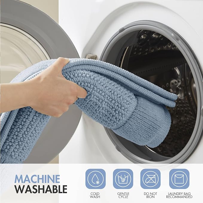 Madison Park Sanctuary 100% Cotton Non-Slip Bath Rug, 17x24 Inch, Blue | Low-Profile Woven Design, Ultra Soft Absorbent & Machine Washable, Ideal for Bathroom Bedroom and Entryway Decor