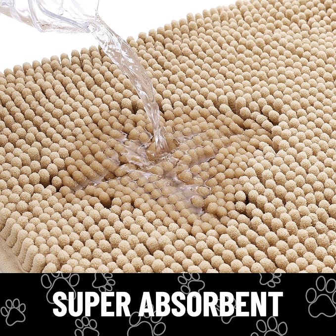 Smiry Dog Door Mat for Muddy Paws, Absorbent Dirt Trapper Non Slip Quick Dry Washable Chenille Mat for Mud Dogs, Entry Rug for Indoor and Outdoor (48x30 Inches, Beige and White)