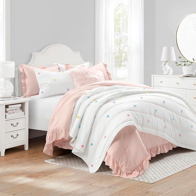 Lush Decor Rainbow Pom Pom and Stripes Quilt Set, 3 Piece Set, Full/Queen, White & Rainbow - Fun & Colorful Kids Bedding Set - Rainbow Quilt for Teen Dorm Decor - Striped Quilt - Girls Bedroom Decor
