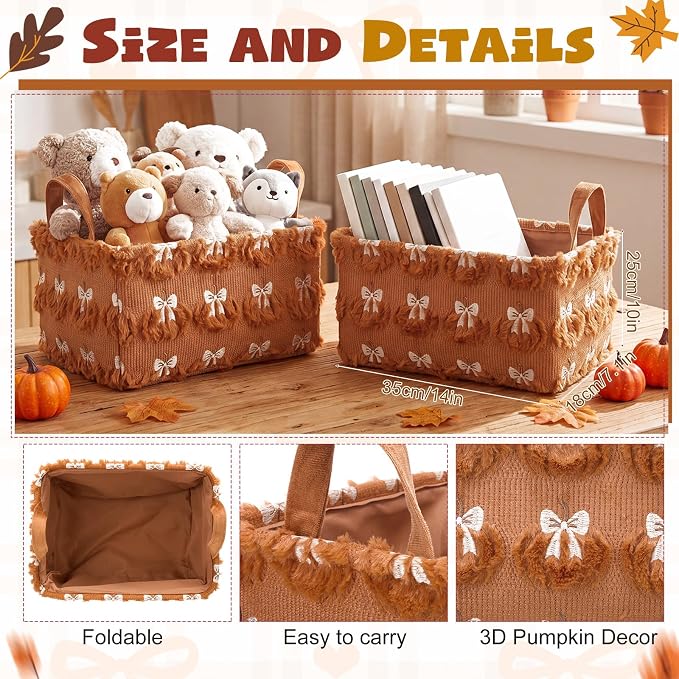 2 Pcs Pumpkin Bow Storage Basket 14x10'' Fall Pumpkin Storage Bin | Back to School Gift, Fluffy Plush, Closet Organizer with Handle, Thanksgiving, Halloween, Home Office Laundry Car Shelves