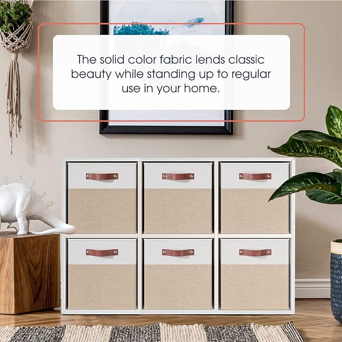 Ornavo Home 11x11 Foldable Fabric Storage Cube Bins, 6 Pack, White/Khaki | Collapsible Linen Shelf Basket Organizer; Leather Handles; Ideal Cube Storage For Closet