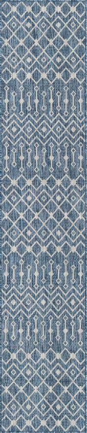 Unique Loom Outdoor Trellis Collection Area Rug - Tribal Trellis (2' x 10' Runner, Blue/ Ivory)