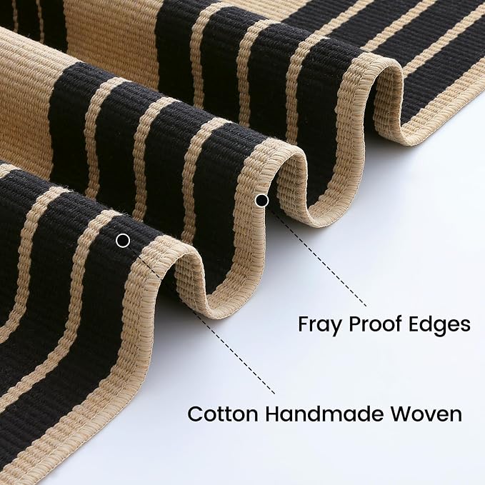 OLANLY Brown and Black Classic Striped Rug 4' x 6' – Washable Cotton Indoor Outdoor Doormat for Front Door, Entryway, Kitchen, Porch, Patio Decor
