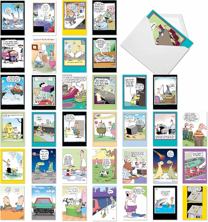 NobleWorks - 36 Assorted Funny Birthday Cards Bulk Box Set with Envelopes (36 Designs, 1 Each) engaging Mixed Humor Greeting Card Pack for Men & Women - McCoy Bros. Merriment AC7742BDG-B1x36
