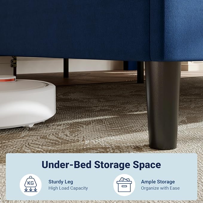 Allewie California King Size Platform Bed Frame with Adjustable Headboard | Plush Velvet Upholstered, Vertical Channel Tufted, Sturdy Wood Slats, No Box Spring Needed, Easy Assembly, Blue