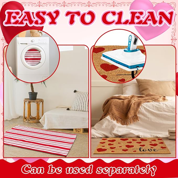 Moucuny 2 Pcs Valentine's Day Coir Welcome Doormat Outdoor Valentine's Day Love Heart Rug Layered Red and White Stripe Mat Red Heart Mat for Front Porch Outdoor Entryway