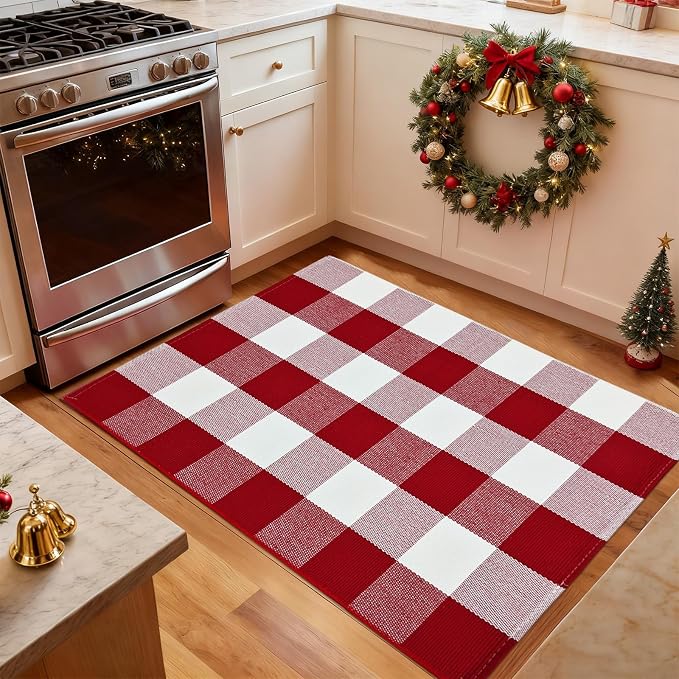 USTIDE Buffalo Check Plaid Doormat Red and White 2'x3'Hand Woven Cotton Plaid Rugs Farmhouse Layered Door Perfect for Front Door Porch Outdoor Rug