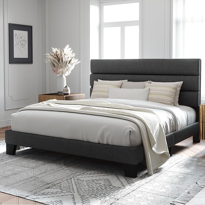 Allewie King Size Platform Bed Frame with Fabric Upholstered Headboard Gray | Wooden Slats Support, Fully Upholstered Mattress Foundation, No Box Spring Needed, Easy Assembly, Noise-Free, Dark Grey