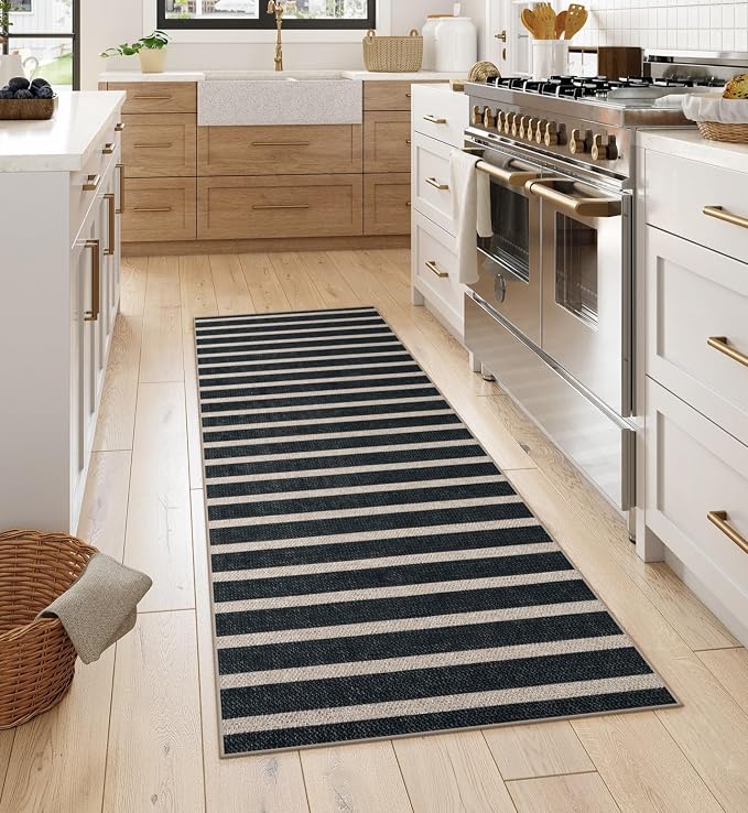 Lahome Striped Easy Jute Kitchen Runner Rug, 2x6 Washable Rugs for Hallways | Indoor Outdoor Black Non Slip Entryway Runners, Modern Farmhouse Neutral Carpet for Laundry Room Front Porch Entry