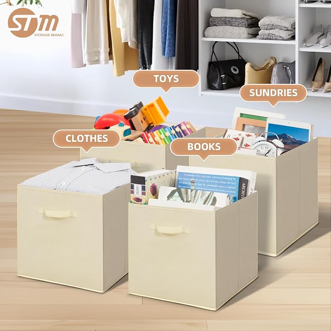 STORAGE MANIAC Storage Cubes, 13 Inch Collapsible Storage Bins with Handles, 10 Pack Fabric Foldable Bins for Organization, Durable Storage Bins for Closet, Shelves, Offices, 10-Pack Beige