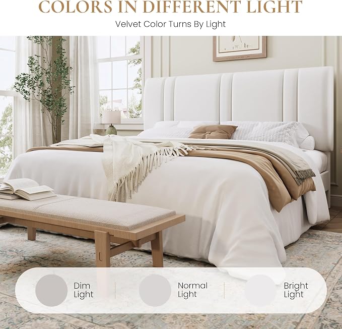 SHA CERLIN King Size Velvet Bed Frame with Adjustable Headboard, White | Vertical Channel Tufted Design, Upholstered Platform Bed, Wood Slats Support/No Box Spring Needed/Easy Assembly