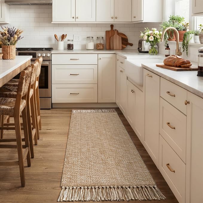 Collive Bathroom Runner Rug, 2' x 5' Modern Farmhouse Kitchen Runner Rug Hand-Woven Entryway Rugs Runners for Hallway, Tan Boho Washable Laundry Carpet Indoor Front Door Mat for Bedroom Decor
